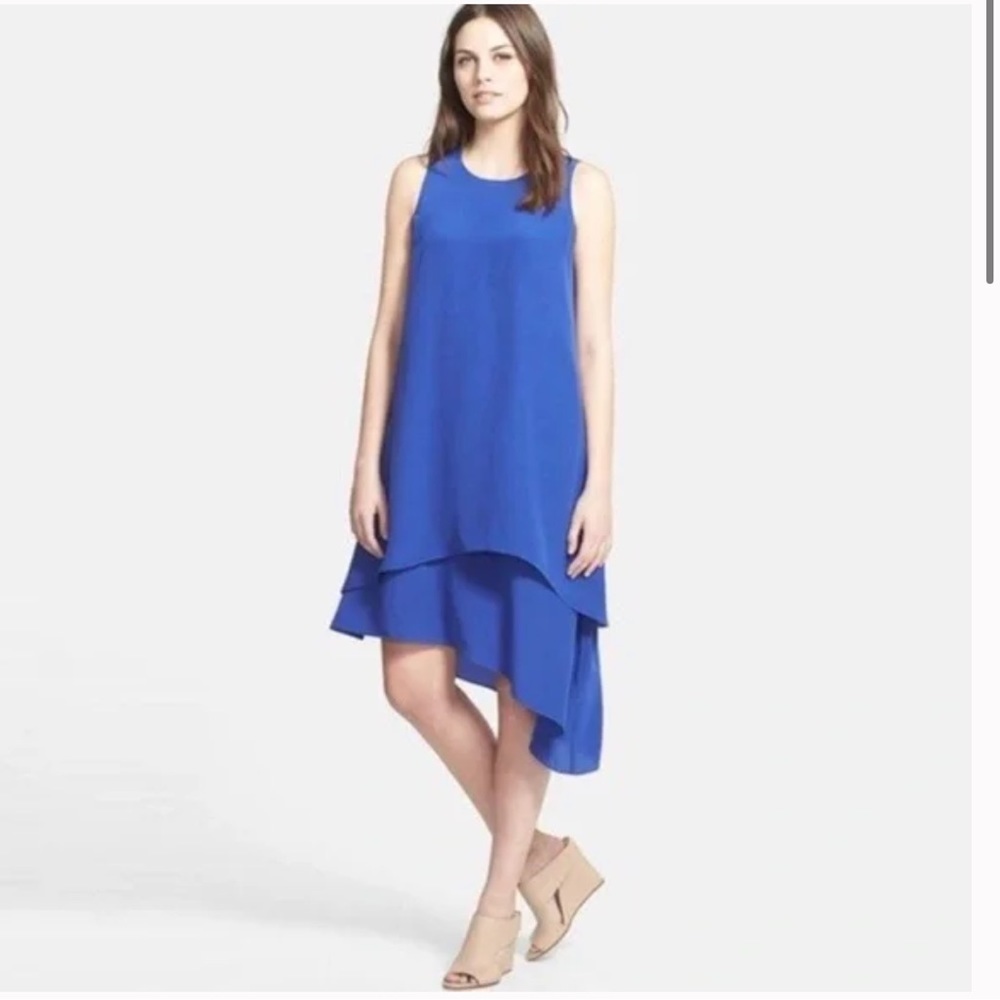 Eileen Fisher Petite 100% Silk Layered Asymmetrical Dress Blue